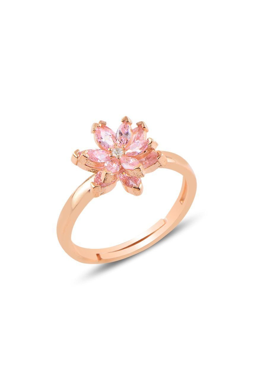 BARIŞ TAKI 925 Ayar Gümüş Rose Pembe Taşlı Lotus Çiçeği Yüzük