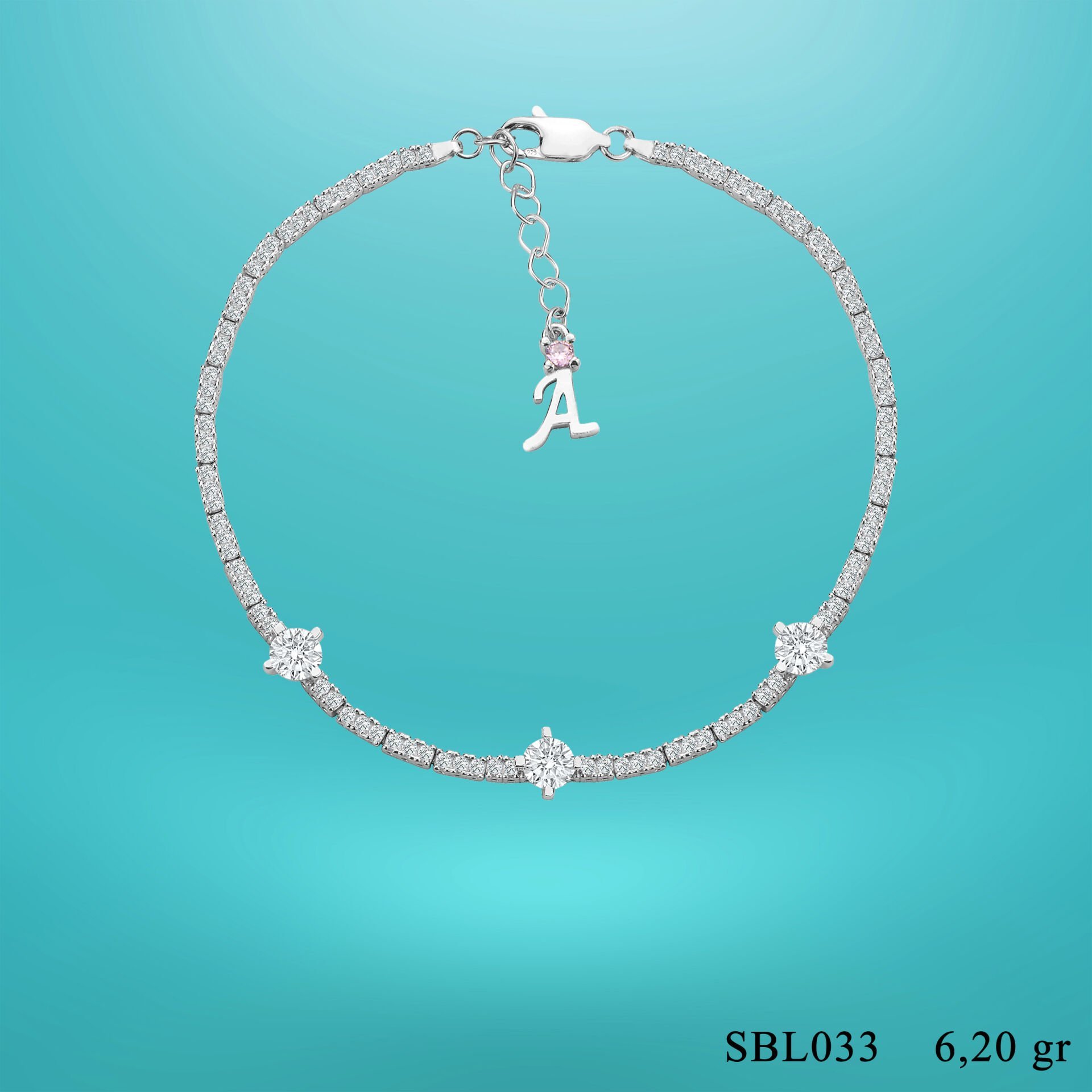 925 Ayar Gümüş Üç Taş Zarif Zincir Harfli Su Yolu Bileklik