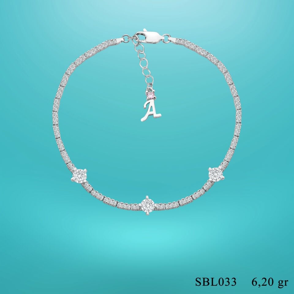 925 Ayar Gümüş Üç Taş Zarif Zincir Harfli Su Yolu Bileklik