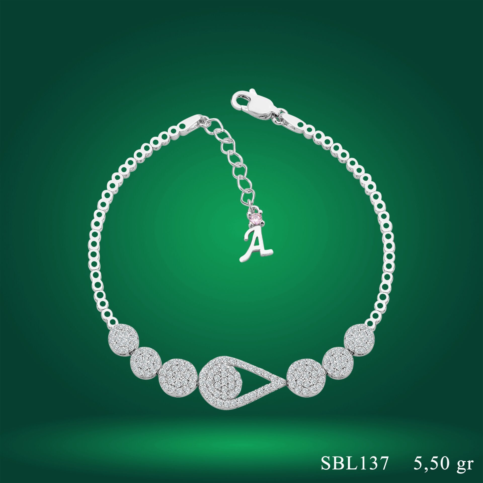 925 Ayar Gümüş Damla Model Zincir Harfli Su Yolu Bileklik