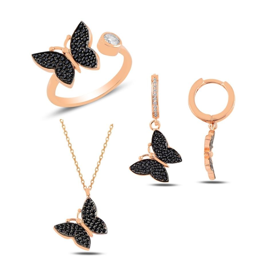 BARIŞ TAKI 925 Ayar Gümüş Rose  Kelebek Üçlü Set