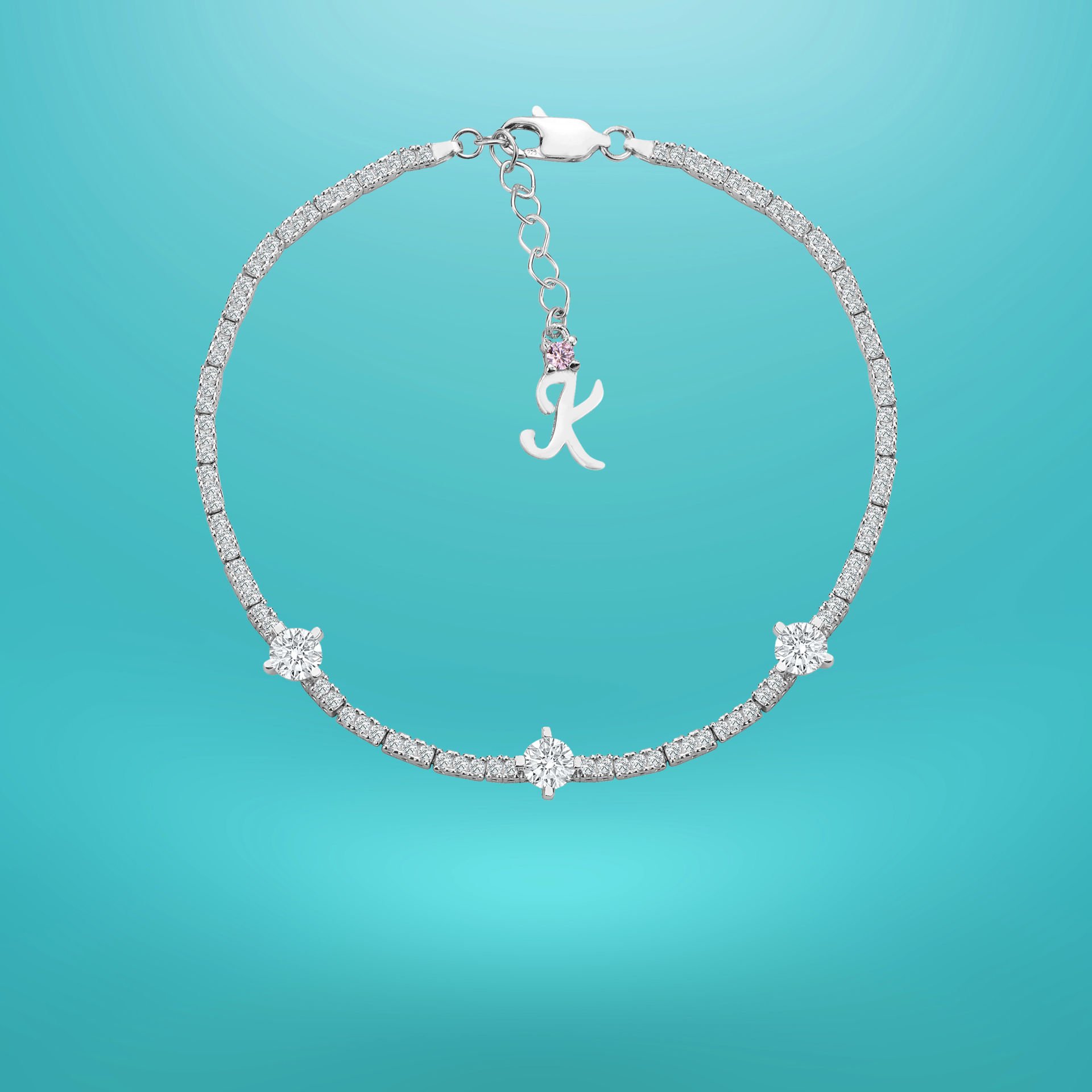 925 Ayar Gümüş Üç Taş Zarif Zincir Harfli Su Yolu Bileklik K