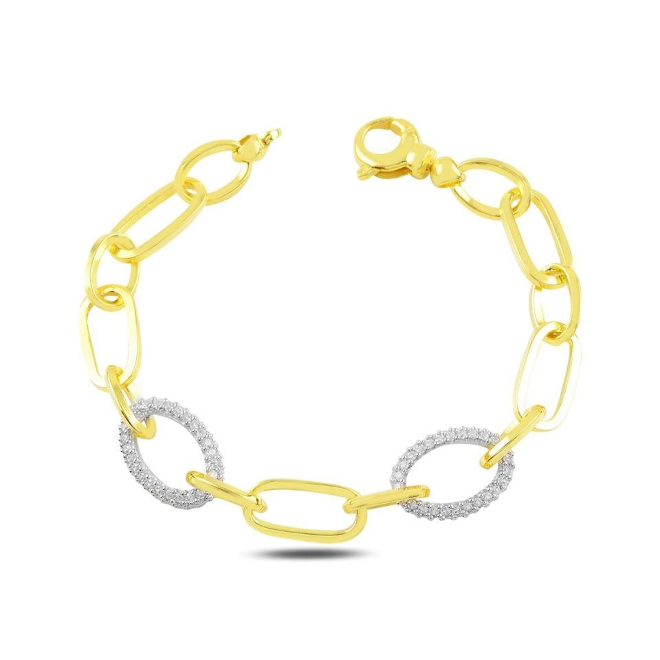 BARIŞ TAKI 925 Ayar Gümüş Gold Oval Beyaz Taşlı Hallow Bileklik