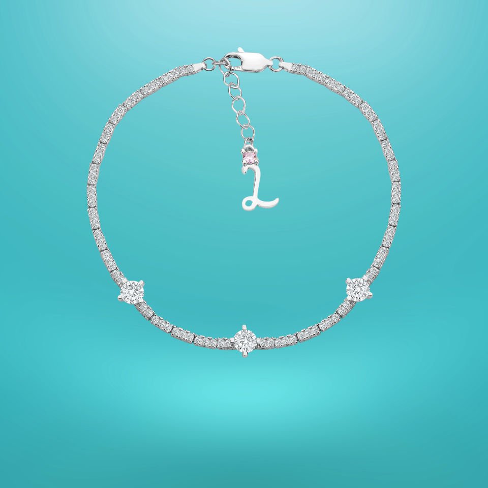 925 Ayar Gümüş Üç Taş Zarif Zincir Harfli Su Yolu Bileklik L