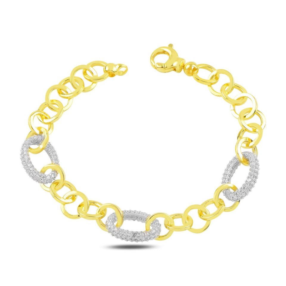 BARIŞ TAKI 925 Ayar Gümüş Gold Oval Beyaz Taşlı Hallow Bileklik