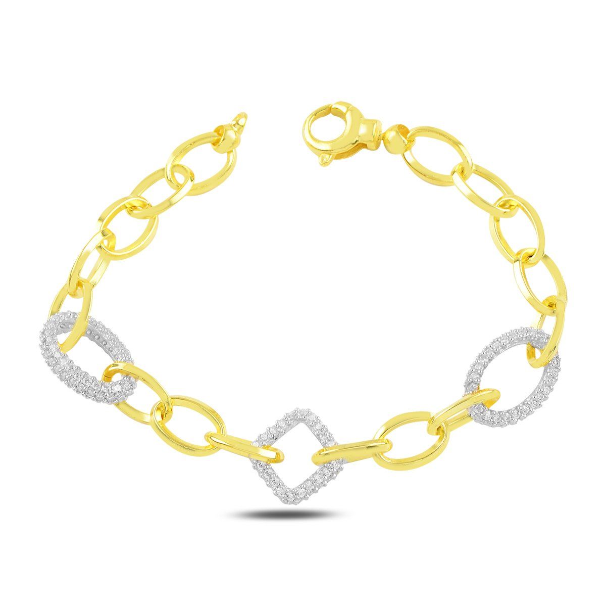 BARIŞ TAKI 925 Ayar Gümüş Gold Oval Kare Beyaz Taşlı Hallow Bileklik