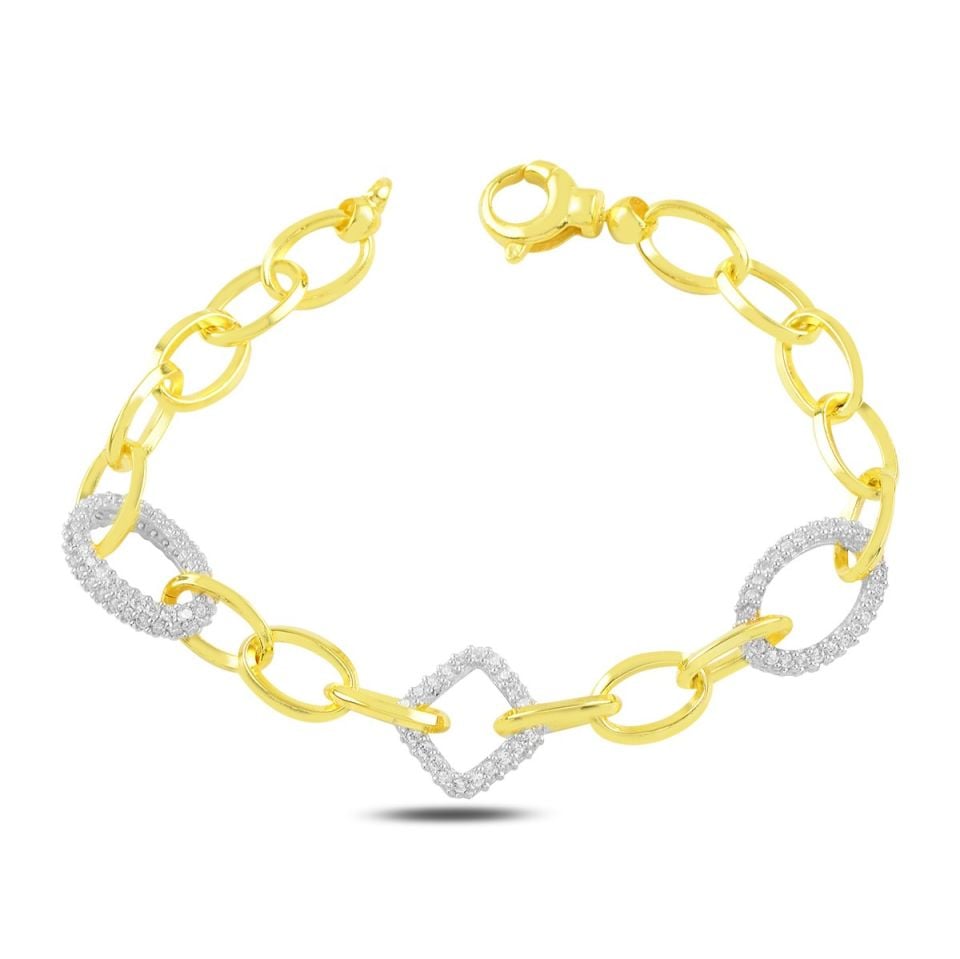 BARIŞ TAKI 925 Ayar Gümüş Gold Oval Kare Beyaz Taşlı Hallow Bileklik
