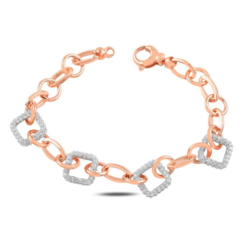 BARIŞ TAKI 925 Ayar Gümüş Rose Kare Beyaz Taşlı Hallow Bileklik