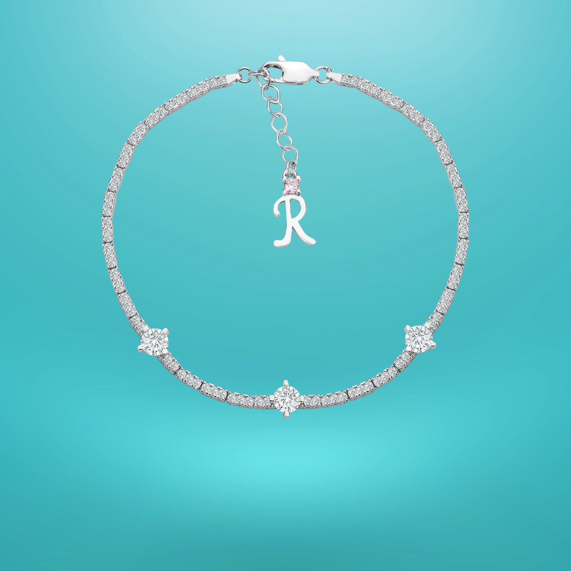 925 Ayar Gümüş Üç Taş Zarif Zincir Harfli Su Yolu Bileklik R