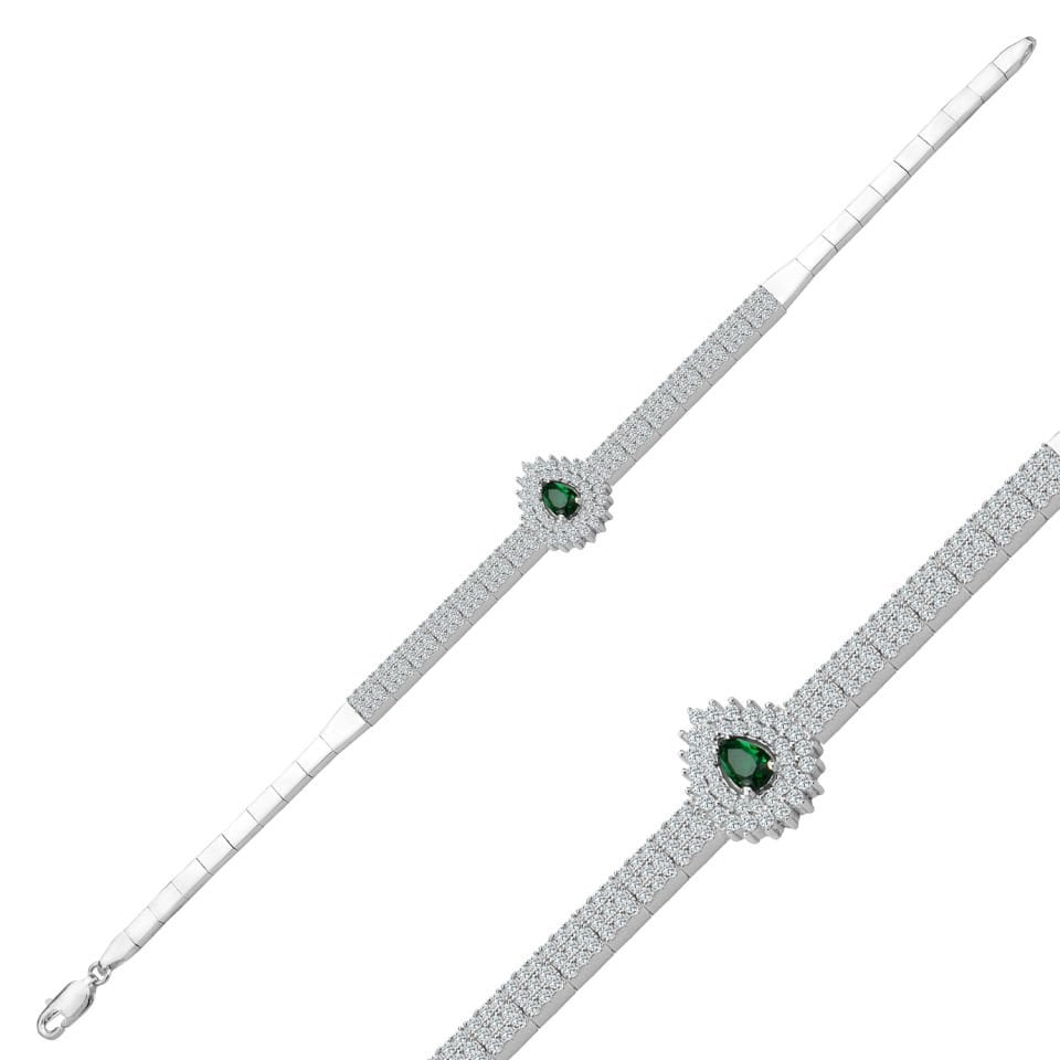 925 Ayar Gümüş 3 Sıra Hürrem Yeşil Damla Taşlı Harfli Su Yolu Bileklik