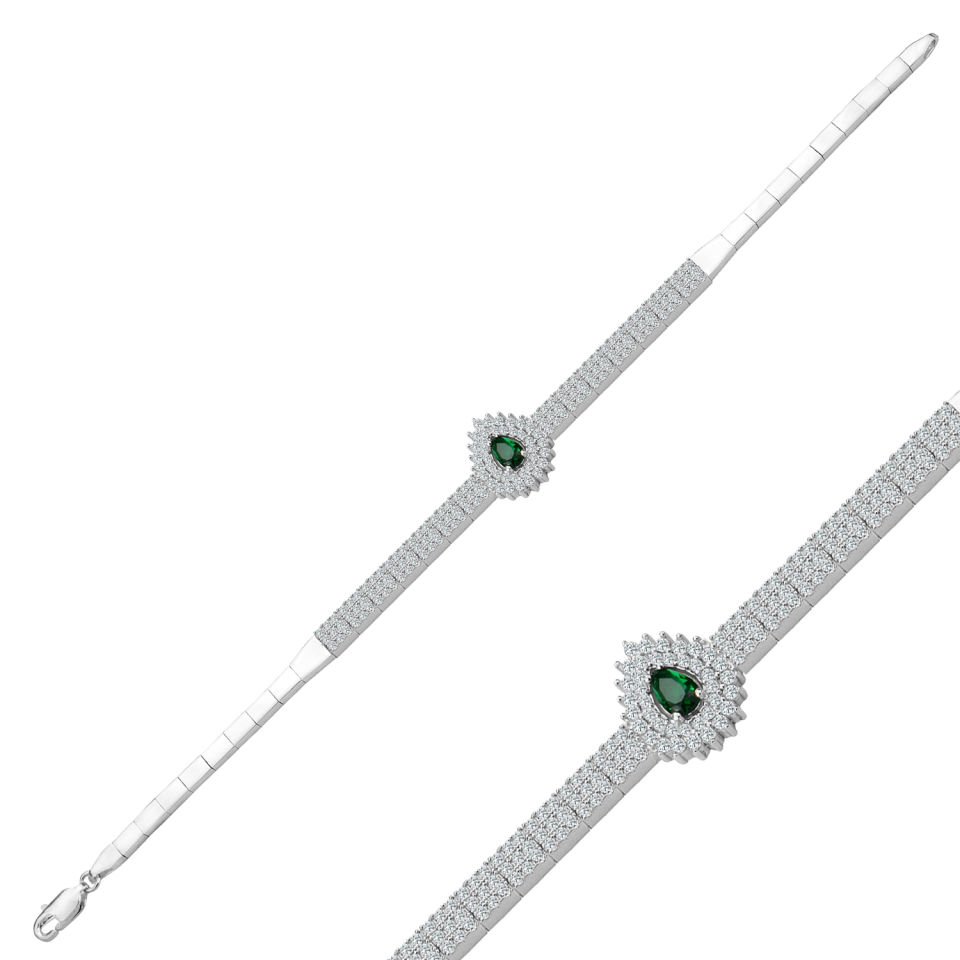 925 Ayar Gümüş 3 Sıra Hürrem Yeşil Damla Taşlı Harfli Su Yolu Bileklik