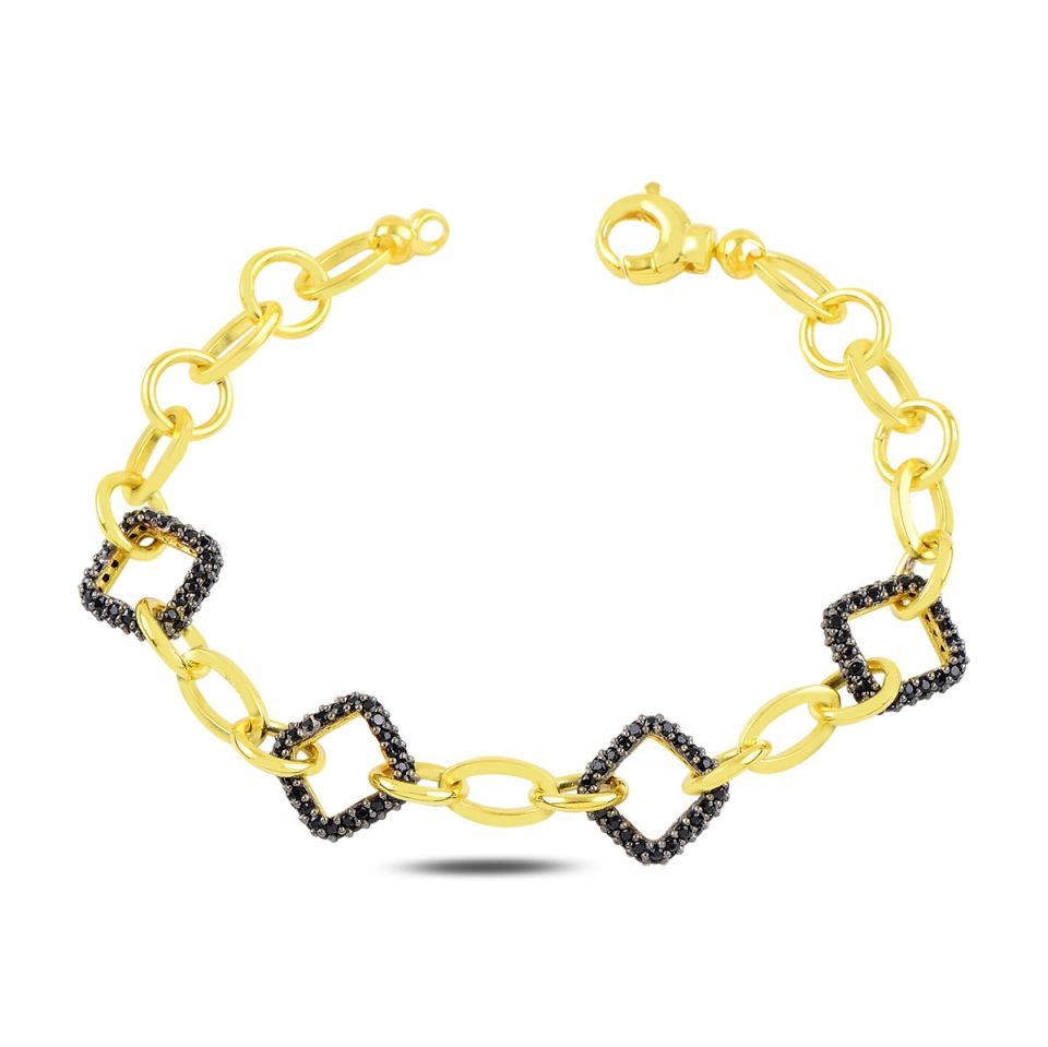 BARIŞ TAKI 925 Ayar Gümüş Gold Kare Siyah Taşlı Hallow Bileklik