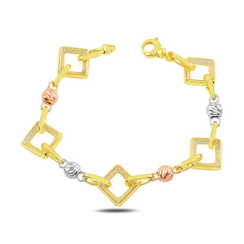 BARIŞ TAKI 925 Ayar Gümüş Gold Kare Beyaz Taşlı Hallow Bileklik