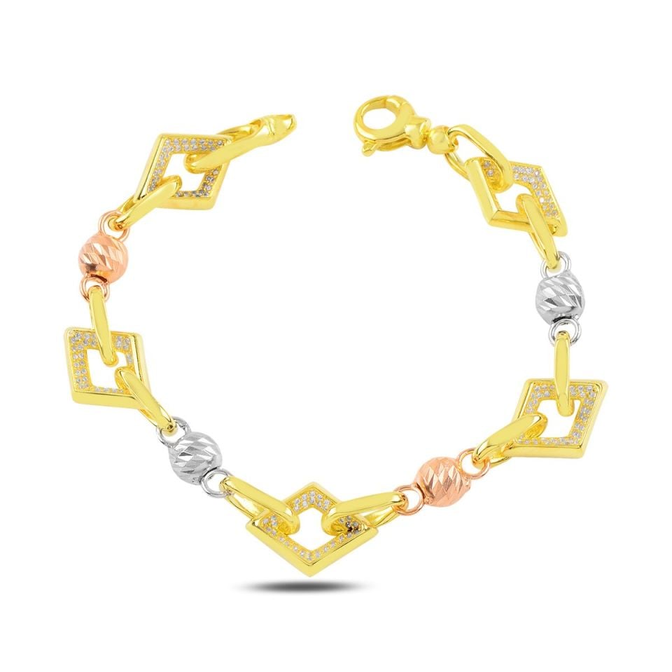 BARIŞ TAKI 925 Ayar Gümüş Gold Baklava Dilim Beyaz Taşlı Hallow Bileklik