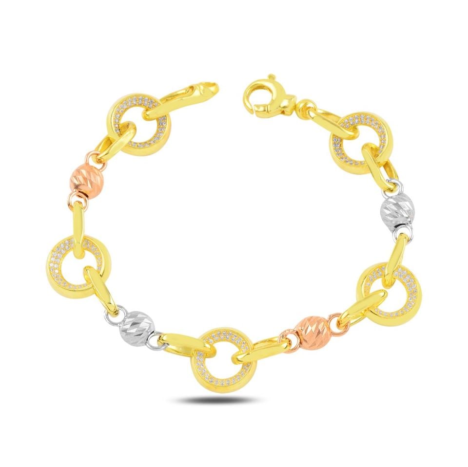 BARIŞ TAKI 925 Ayar Gümüş Gold Yuvarlak Beyaz Taşlı Hallow Bileklik