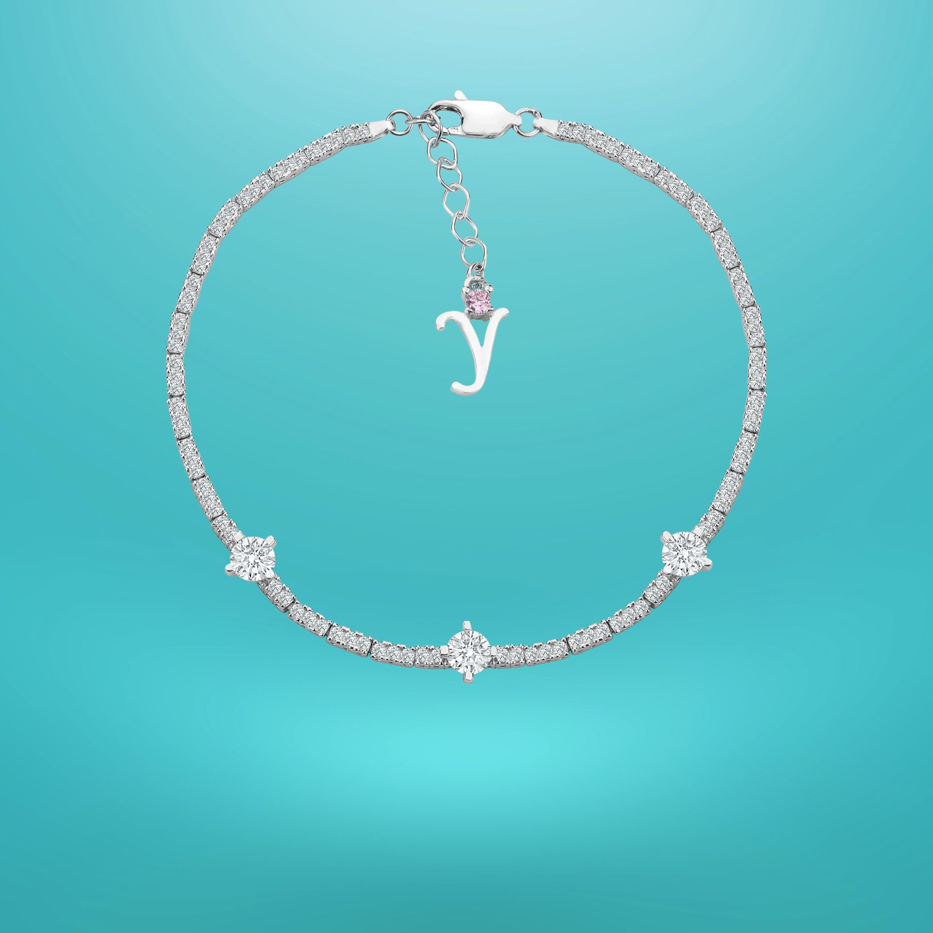 925 Ayar Gümüş Üç Taş Zarif Zincir Harfli Su Yolu Bileklik Y