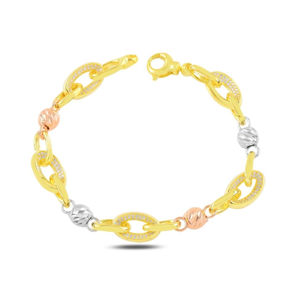 BARIŞ TAKI 925 Ayar Gümüş Gold Oval Beyaz Taşlı Hallow Bileklik