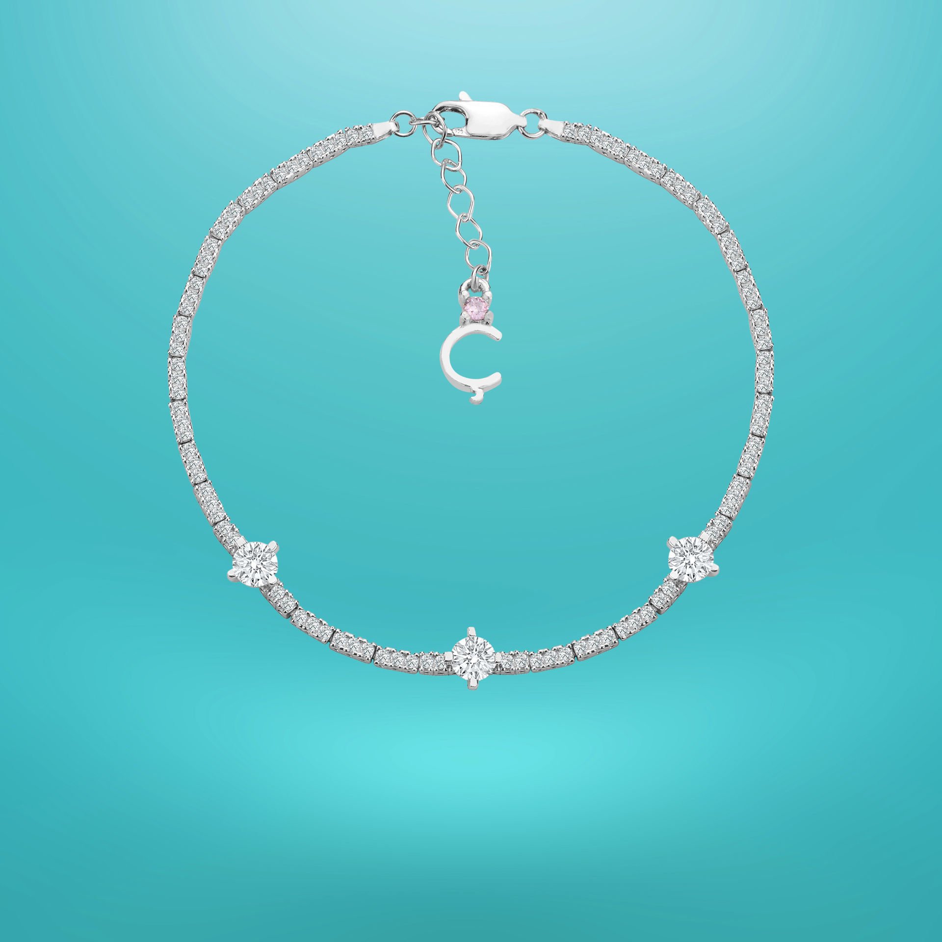 925 Ayar Gümüş Üç Taş Zarif Zincir Harfli Su Yolu Bileklik Ç