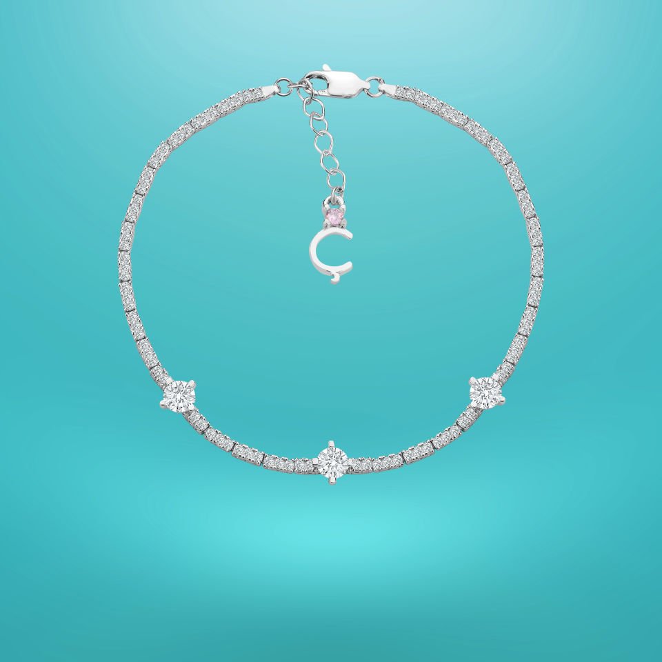 925 Ayar Gümüş Üç Taş Zarif Zincir Harfli Su Yolu Bileklik Ç