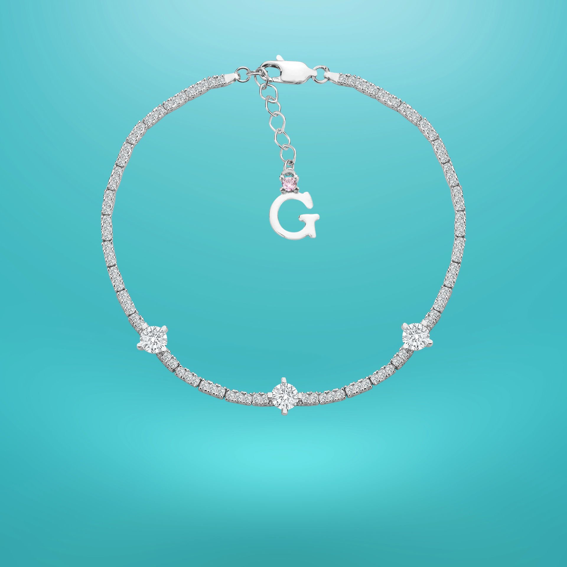 925 Ayar Gümüş Üç Taş Zarif Zincir Harfli Su Yolu Bileklik Ğ