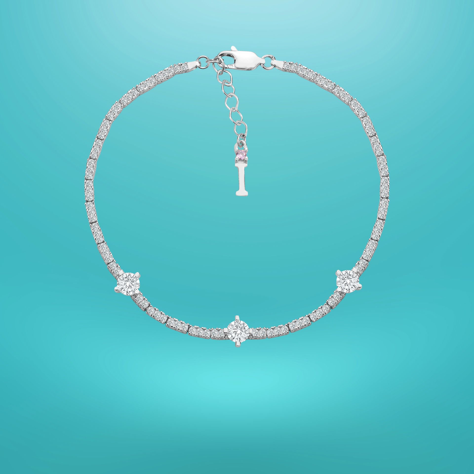 925 Ayar Gümüş Üç Taş Zarif Zincir Harfli Su Yolu Bileklik I