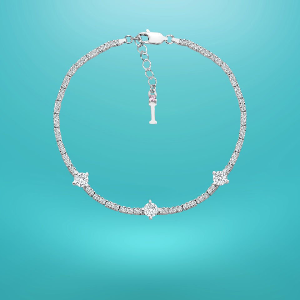 925 Ayar Gümüş Üç Taş Zarif Zincir Harfli Su Yolu Bileklik I