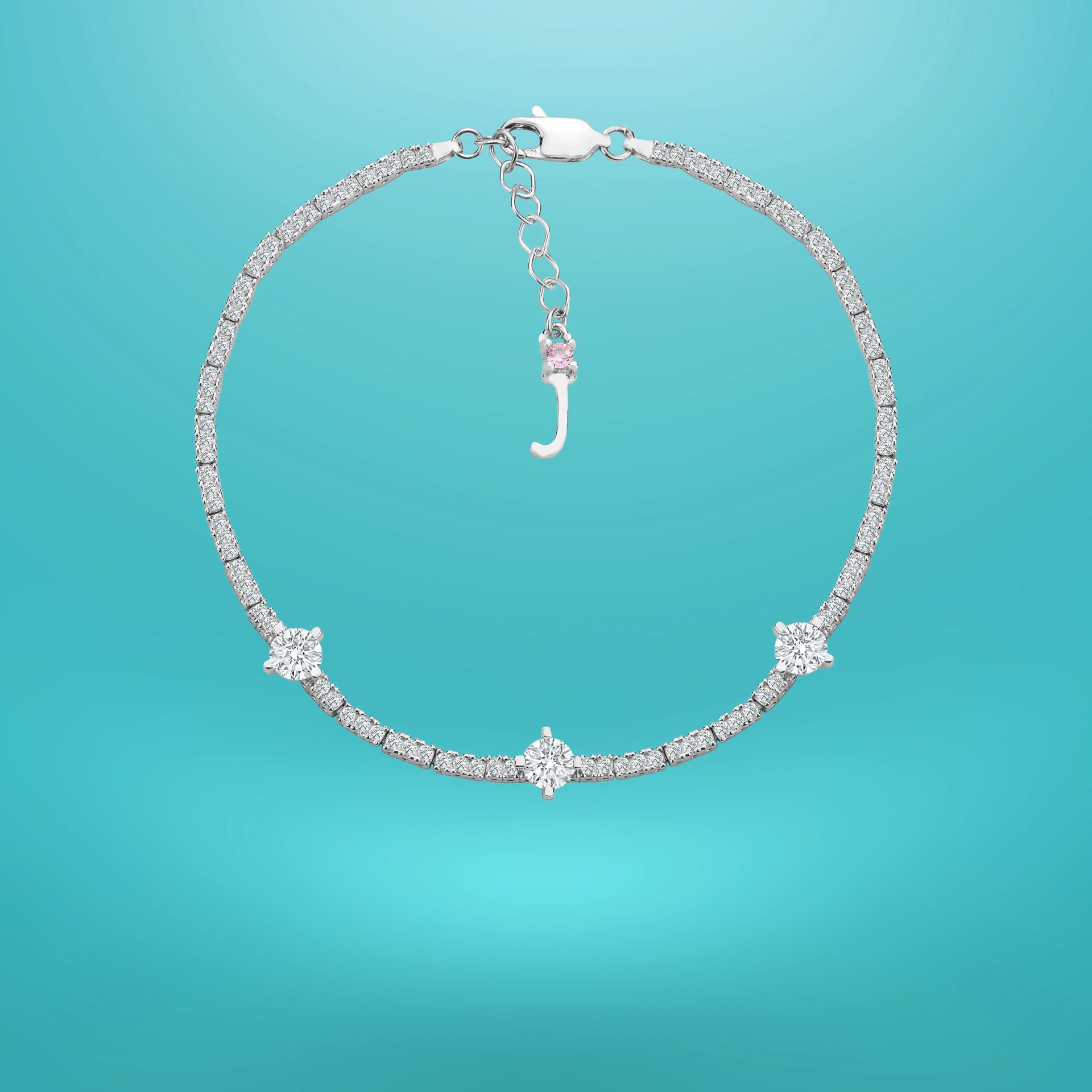 925 Ayar Gümüş Üç Taş Zarif Zincir Harfli Su Yolu Bileklik J