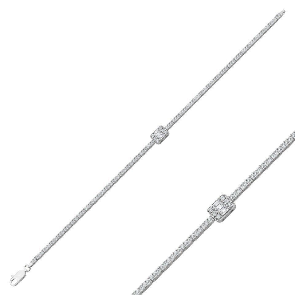 925 Ayar Gümüş Üç Taş 2 Sıra Baget Zincir Harfli Su Yolu Bileklik