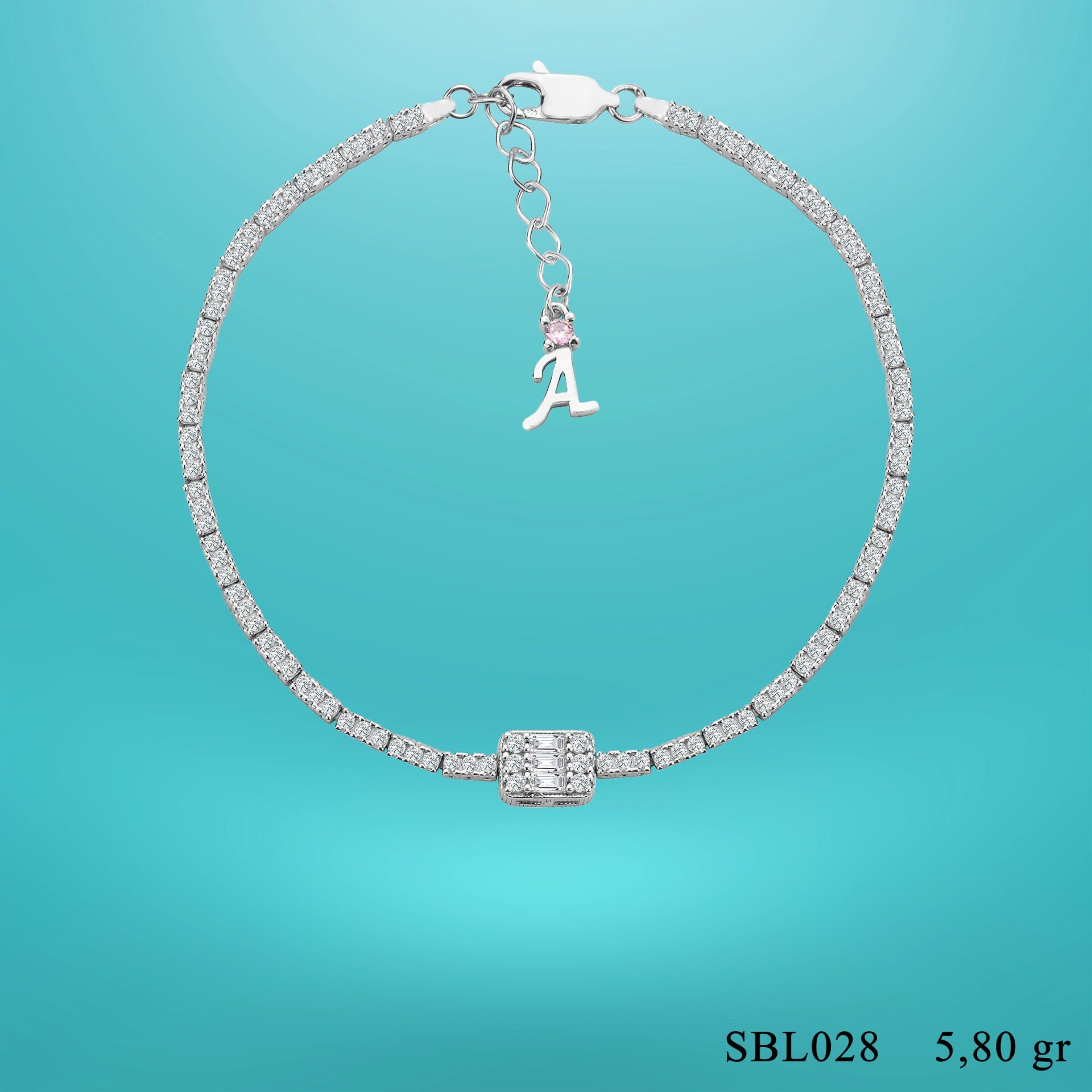 925 Ayar Gümüş Üç Taş 2 Sıra Baget Zincir Harfli Su Yolu Bileklik