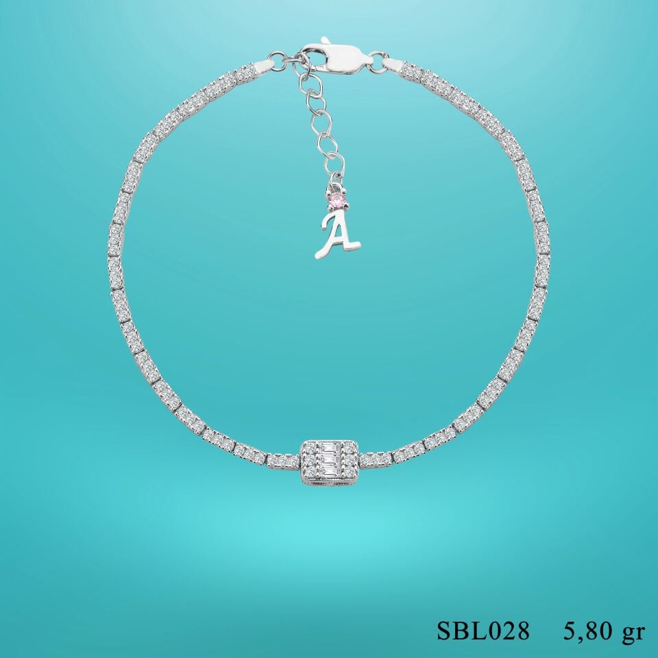 925 Ayar Gümüş Üç Taş 2 Sıra Baget Zincir Harfli Su Yolu Bileklik