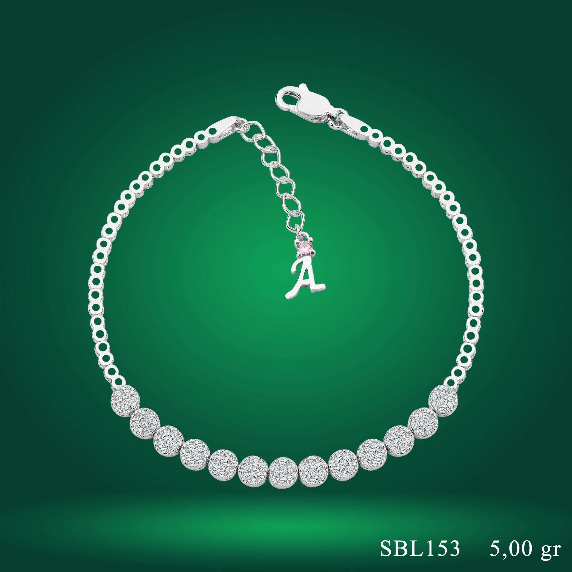 925 Ayar Gümüş Pırlanta Montür Zincir Harfli Su Yolu Bileklik