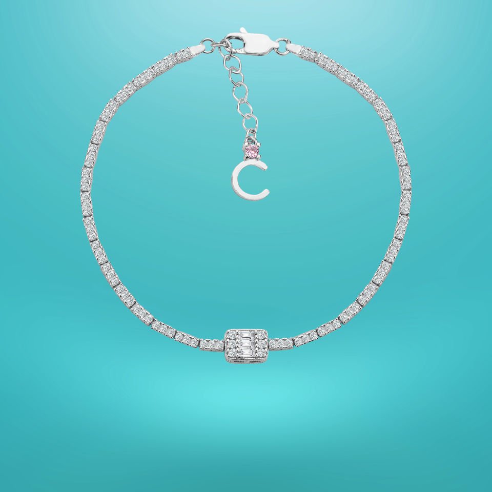 925 Ayar Gümüş Üç Taş 2 Sıra Baget Zincir Harfli Su Yolu Bileklik C