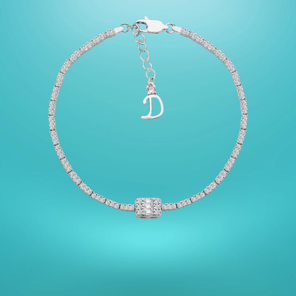 925 Ayar Gümüş Üç Taş 2 Sıra Baget Zincir Harfli Su Yolu Bileklik D