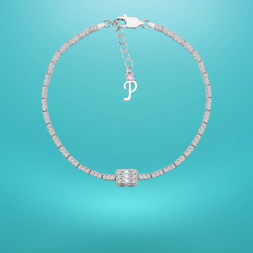 925 Ayar Gümüş Üç Taş 2 Sıra Baget Zincir Harfli Su Yolu Bileklik P