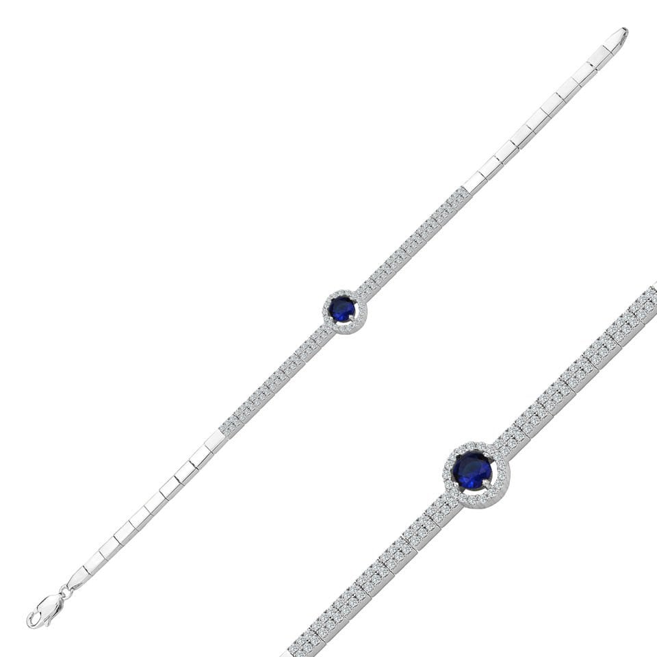 925 Ayar Gümüş 2 Sıra Mavi Tek Taşlı Harfli Su Yolu Bileklik