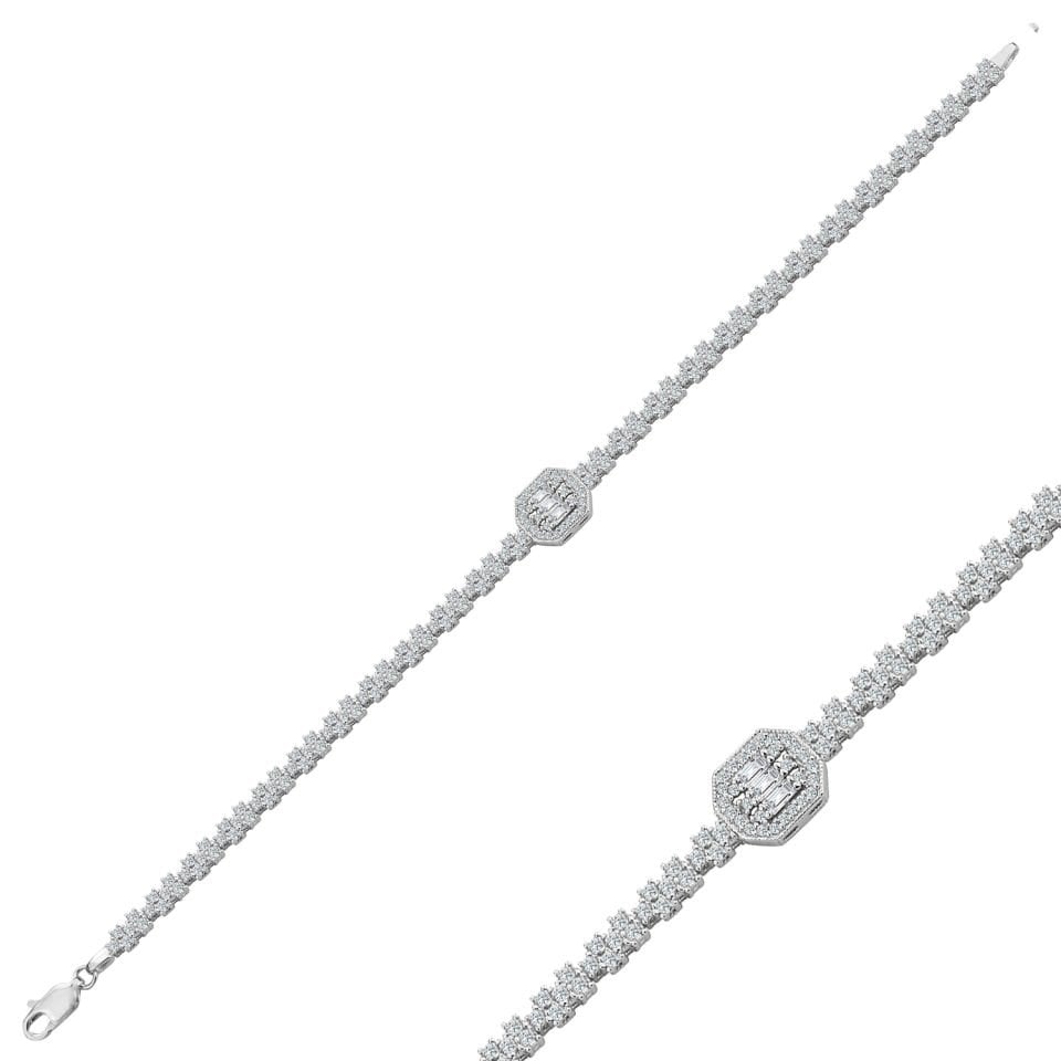 925 Ayar Gümüş  Pırlanta Montür Baget Harfli Su Yolu Bileklik