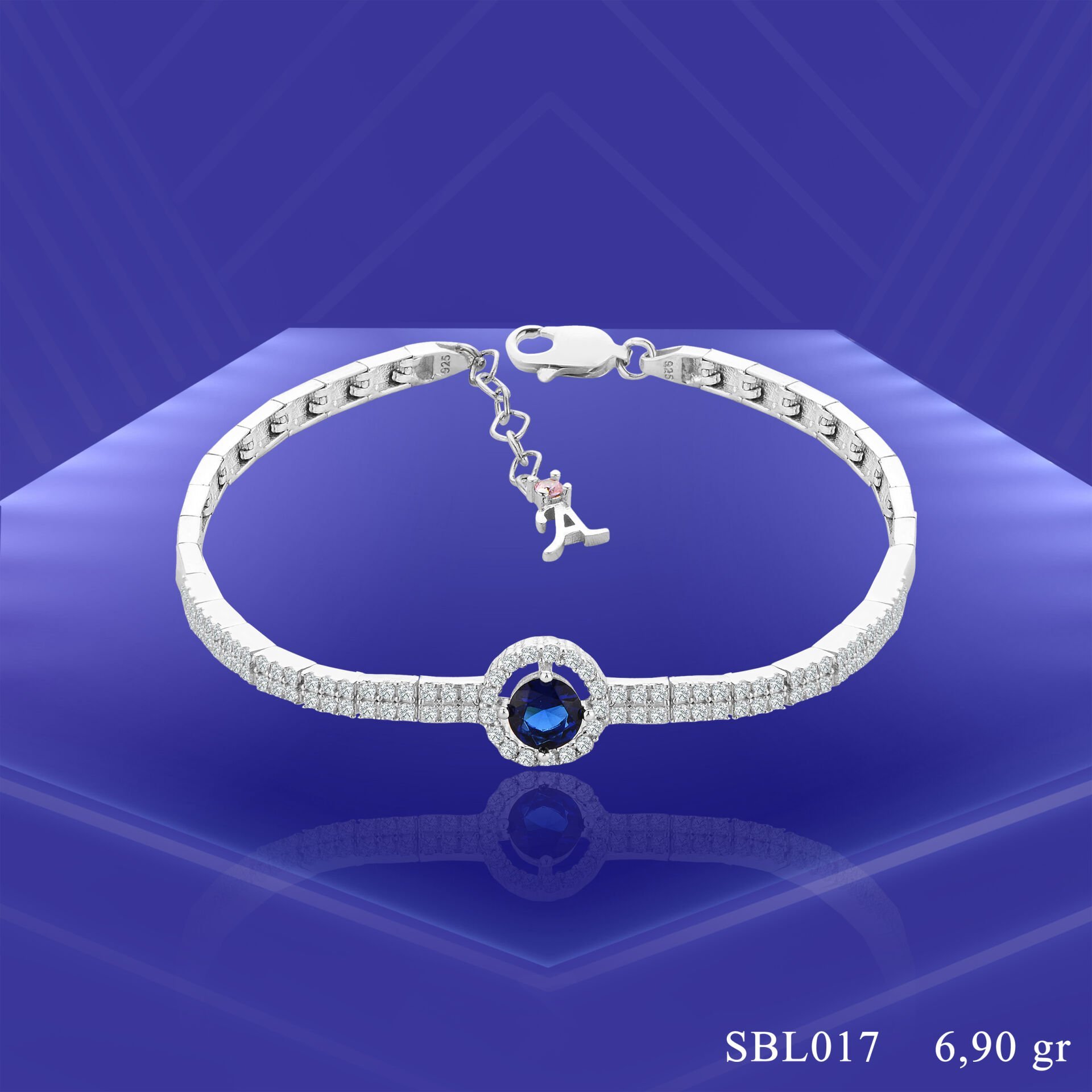 925 Ayar Gümüş 2 Sıra Mavi Tek Taşlı Harfli Su Yolu Bileklik