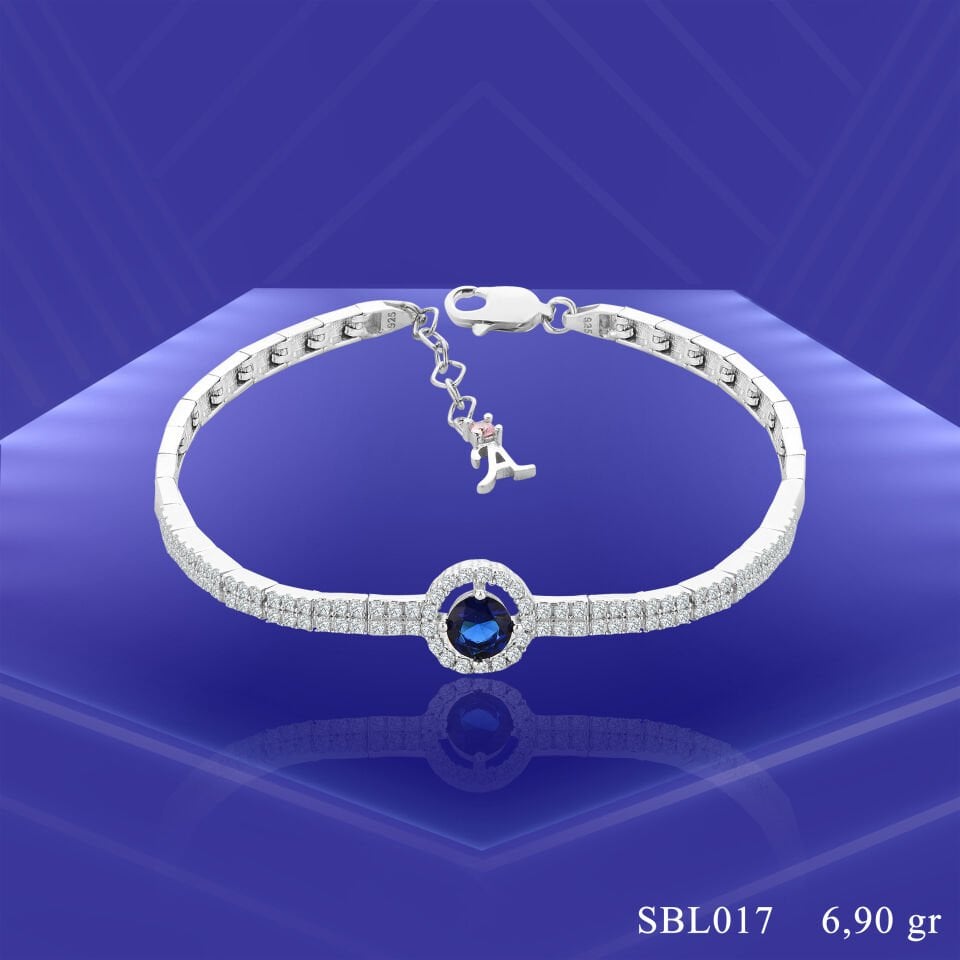 925 Ayar Gümüş 2 Sıra Mavi Tek Taşlı Harfli Su Yolu Bileklik