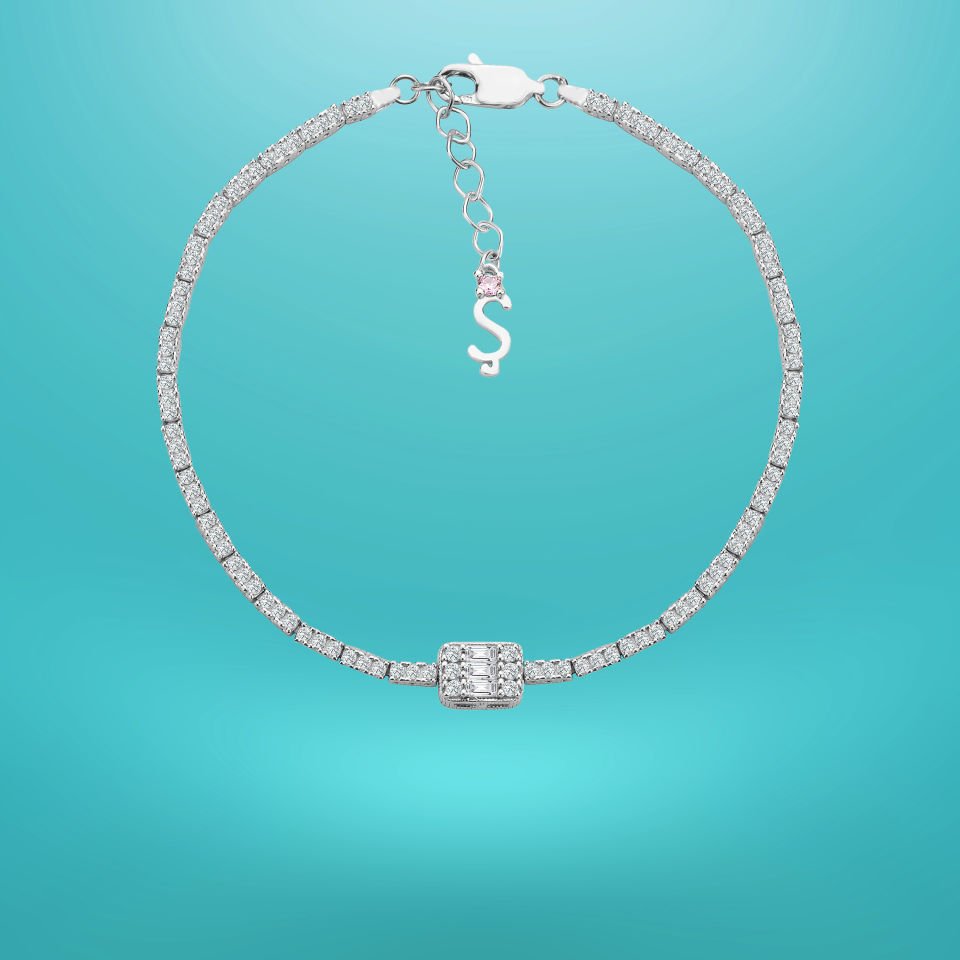 925 Ayar Gümüş Üç Taş 2 Sıra Baget Zincir Harfli Su Yolu Bileklik Ş