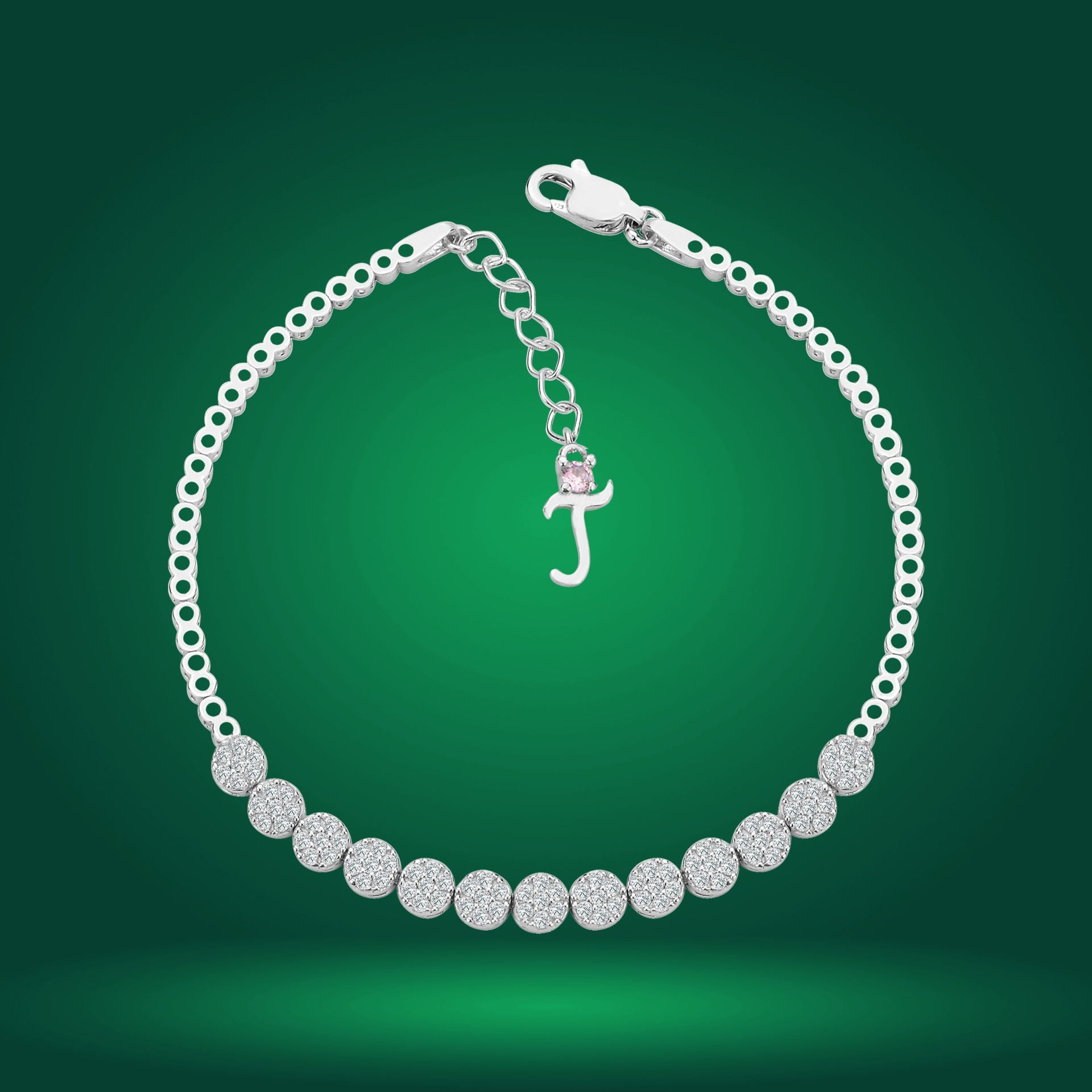 925 Ayar Gümüş Pırlanta Montür Zincir Harfli Su Yolu Bileklik T