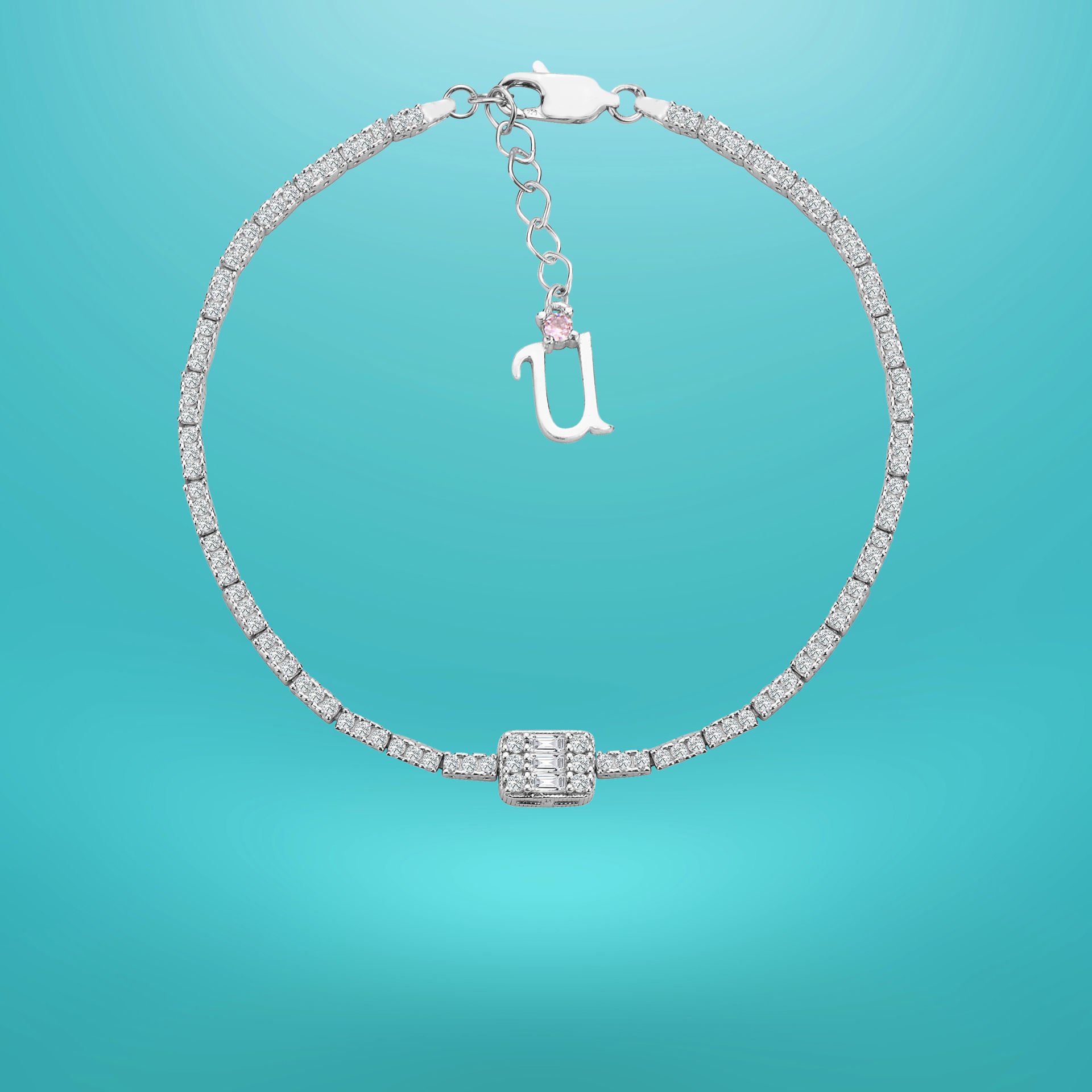 925 Ayar Gümüş Üç Taş 2 Sıra Baget Zincir Harfli Su Yolu Bileklik U