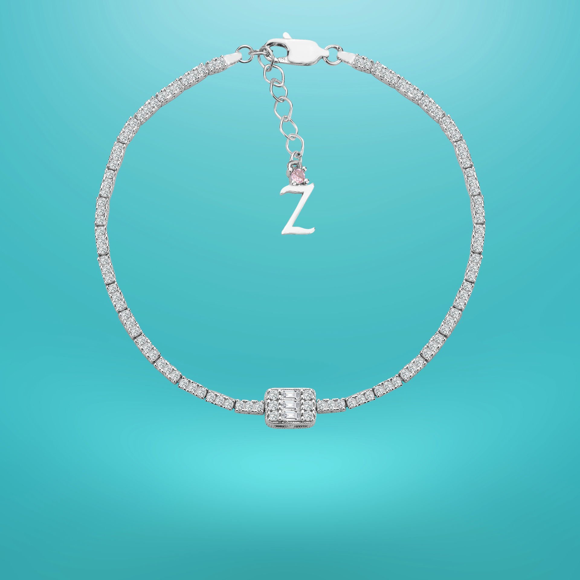 925 Ayar Gümüş Üç Taş 2 Sıra Baget Zincir Harfli Su Yolu Bileklik Z