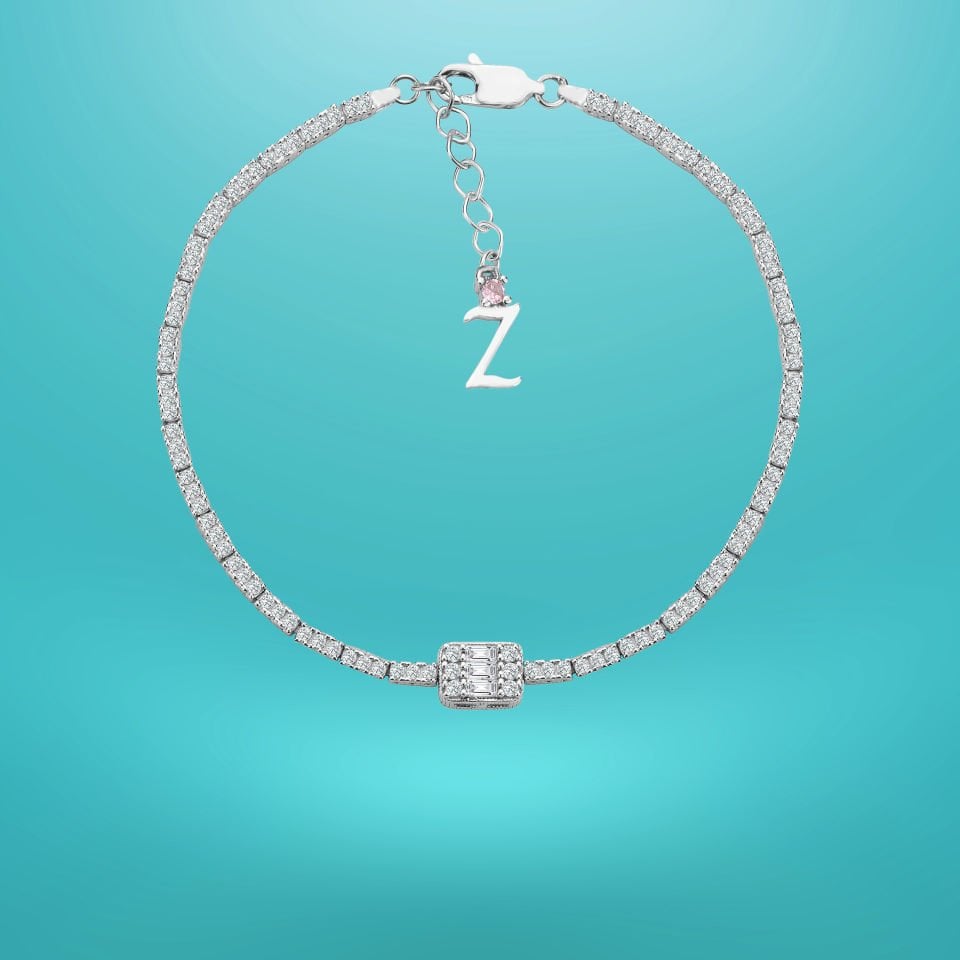 925 Ayar Gümüş Üç Taş 2 Sıra Baget Zincir Harfli Su Yolu Bileklik Z