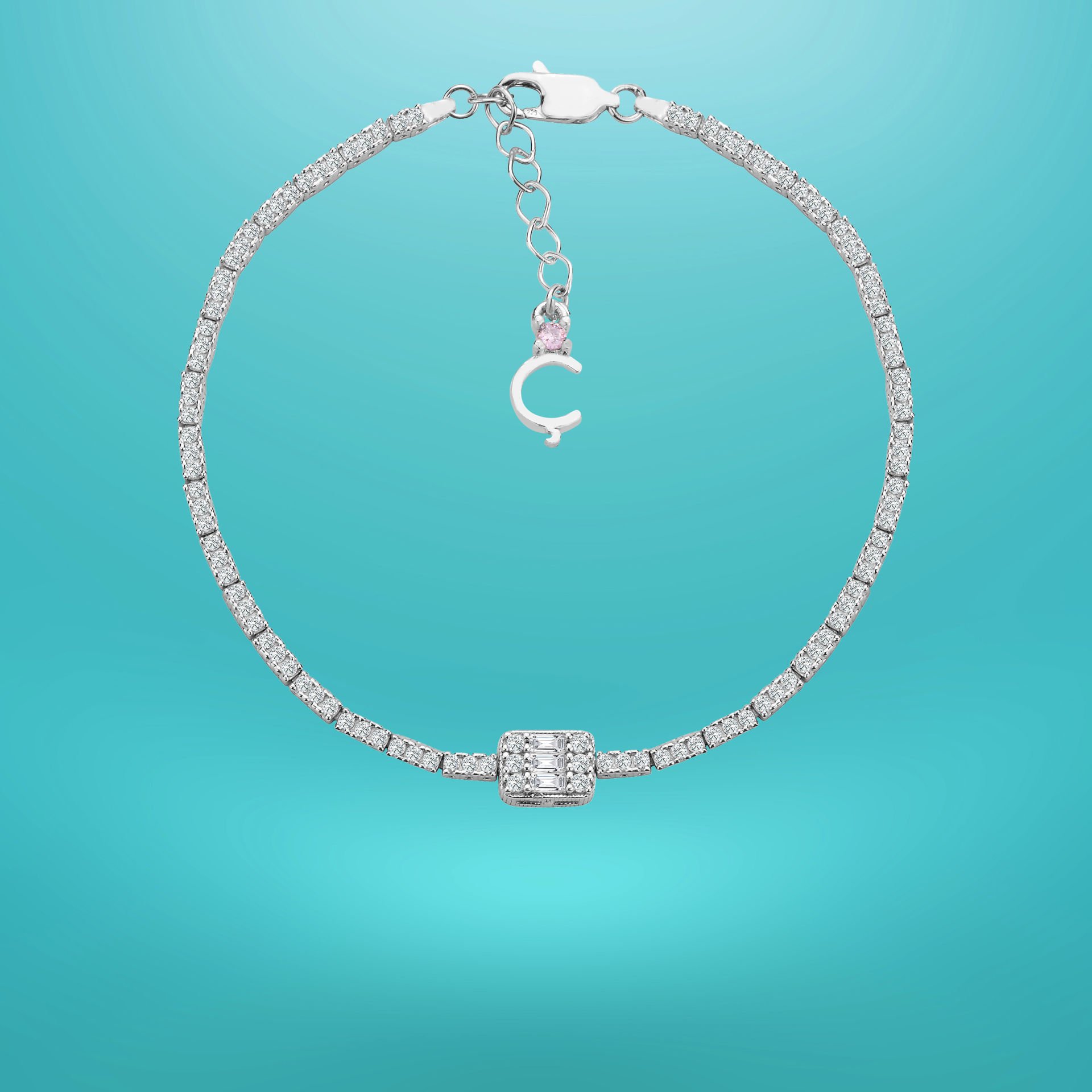 925 Ayar Gümüş Üç Taş 2 Sıra Baget Zincir Harfli Su Yolu Bileklik Ç