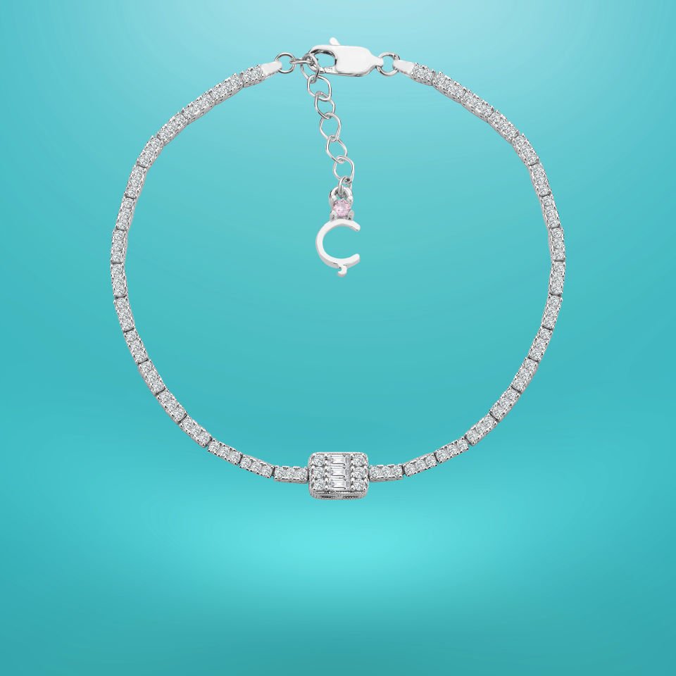 925 Ayar Gümüş Üç Taş 2 Sıra Baget Zincir Harfli Su Yolu Bileklik Ç