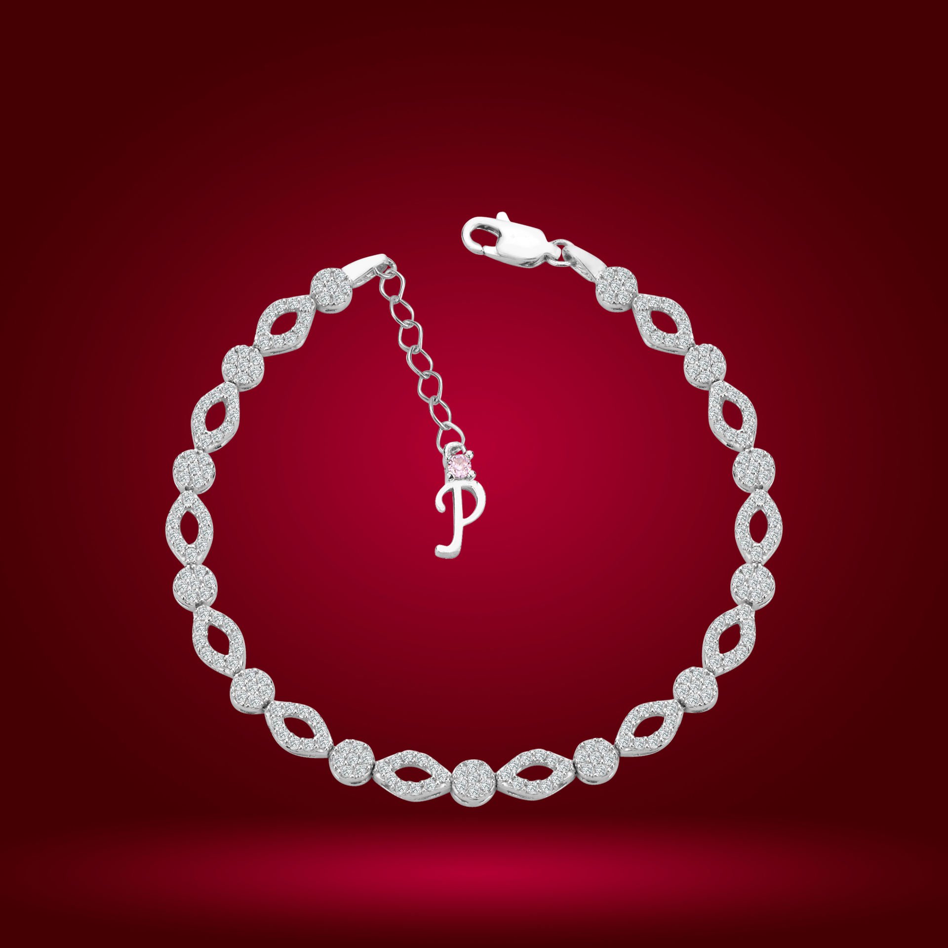 925 Ayar Gümüş Pırlanta Montürlü Göz Model Zincir Harfli Su Yolu Bileklik P