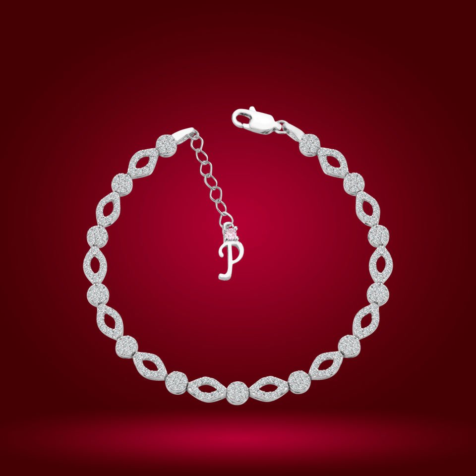 925 Ayar Gümüş Pırlanta Montürlü Göz Model Zincir Harfli Su Yolu Bileklik P