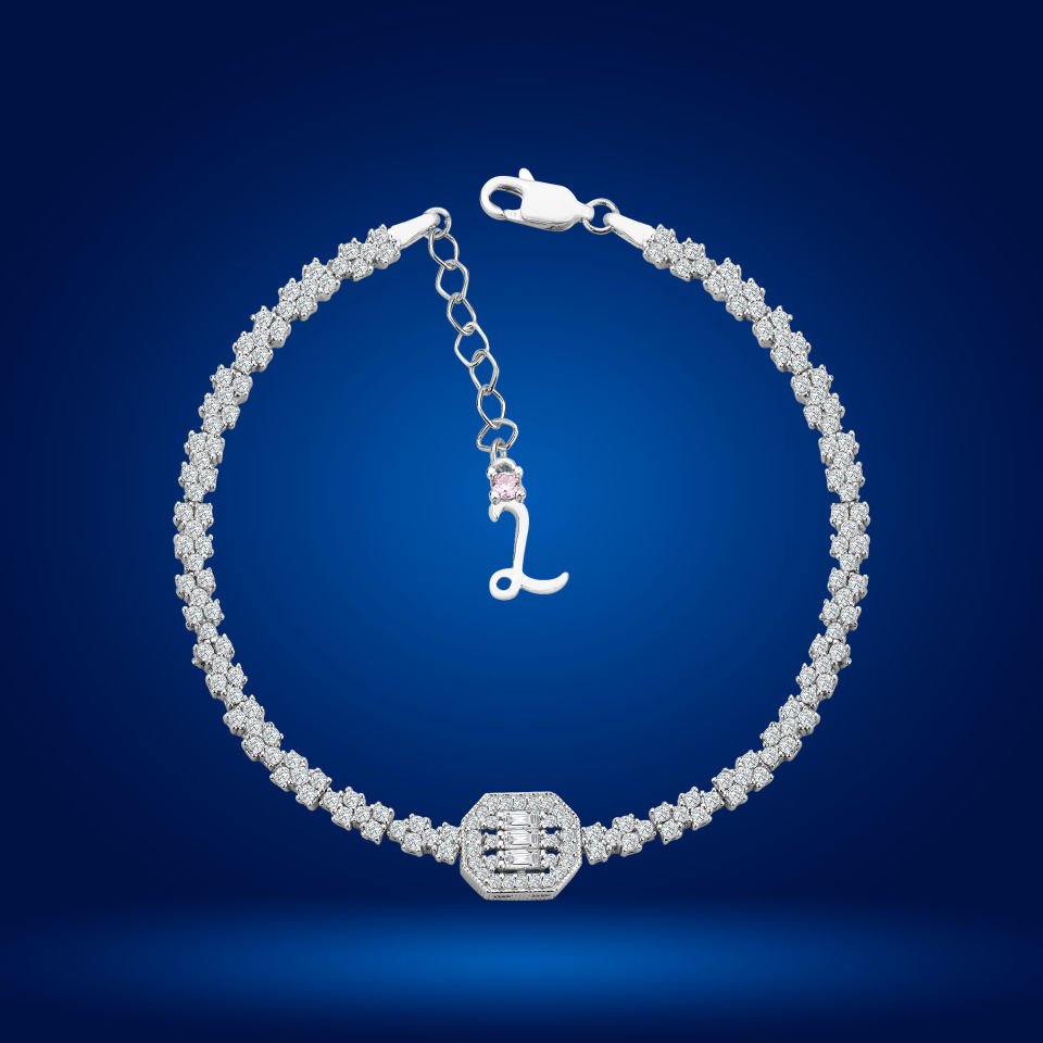 925 Ayar Gümüş  Pırlanta Montür Baget Harfli Su Yolu Bileklik L