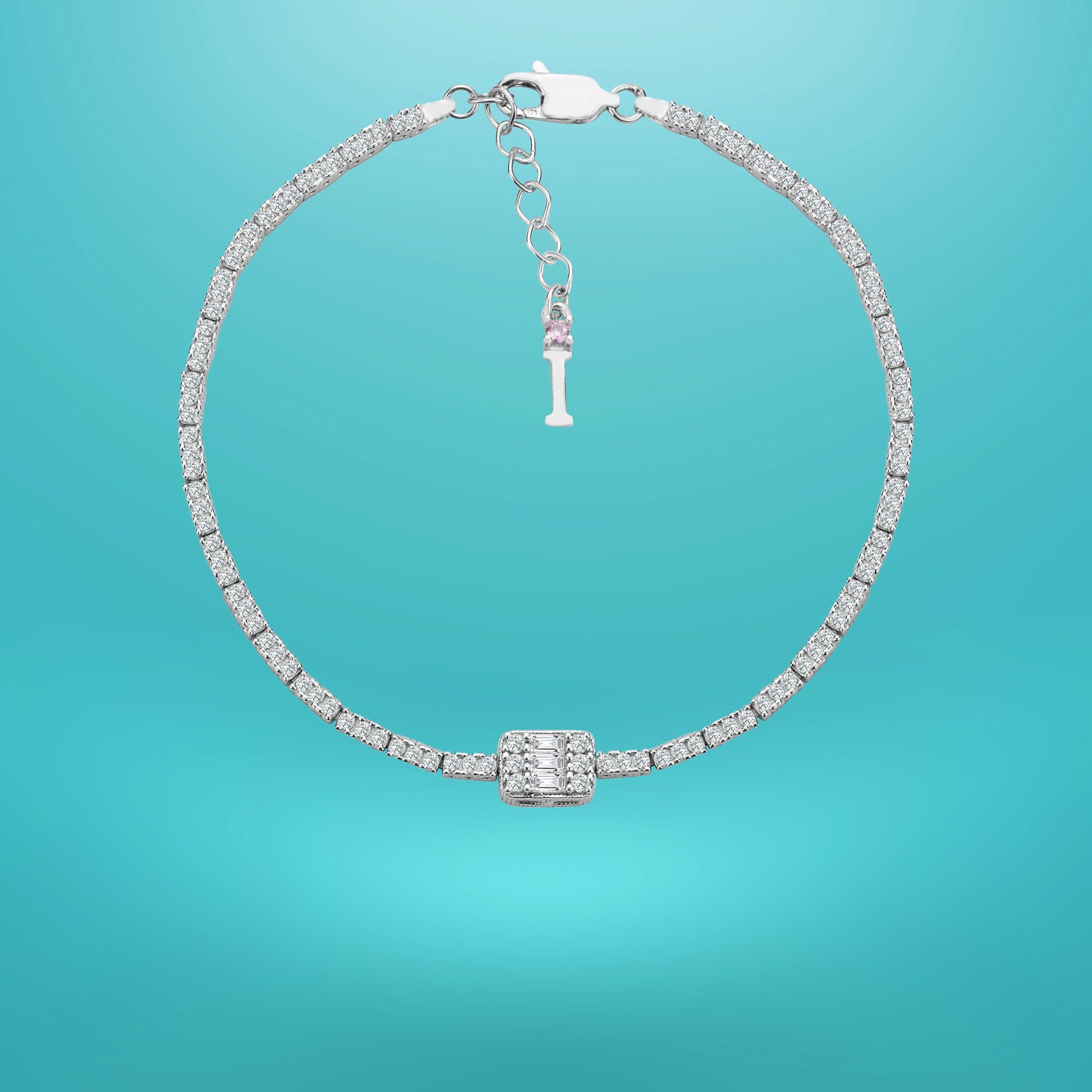 925 Ayar Gümüş Üç Taş 2 Sıra Baget Zincir Harfli Su Yolu Bileklik İ