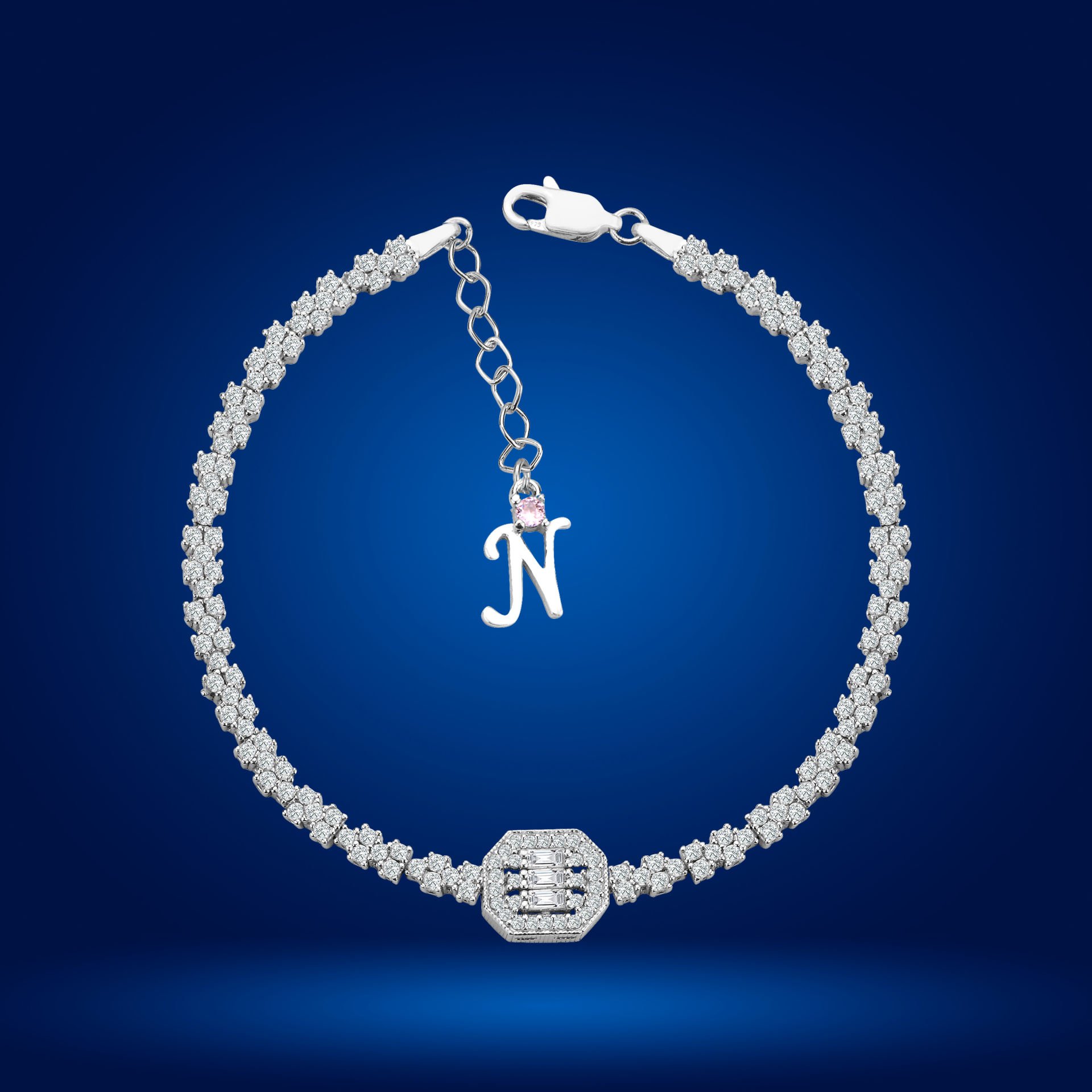 925 Ayar Gümüş  Pırlanta Montür Baget Harfli Su Yolu Bileklik N